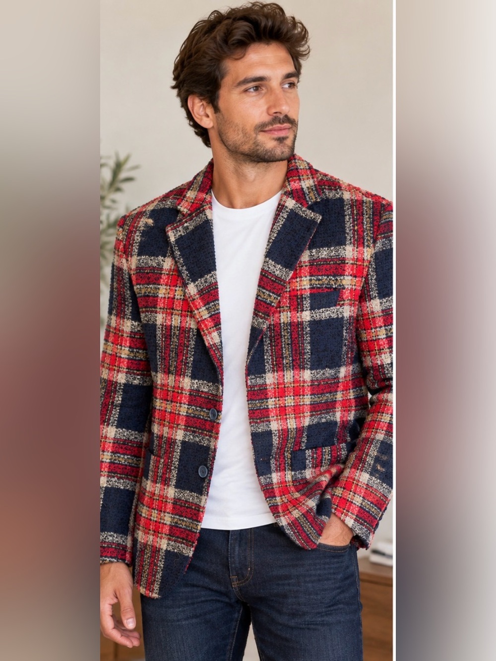 VP Italian Brand Men’s Plaid Blazer Navy Red Tartan Two Button Sport Coat
